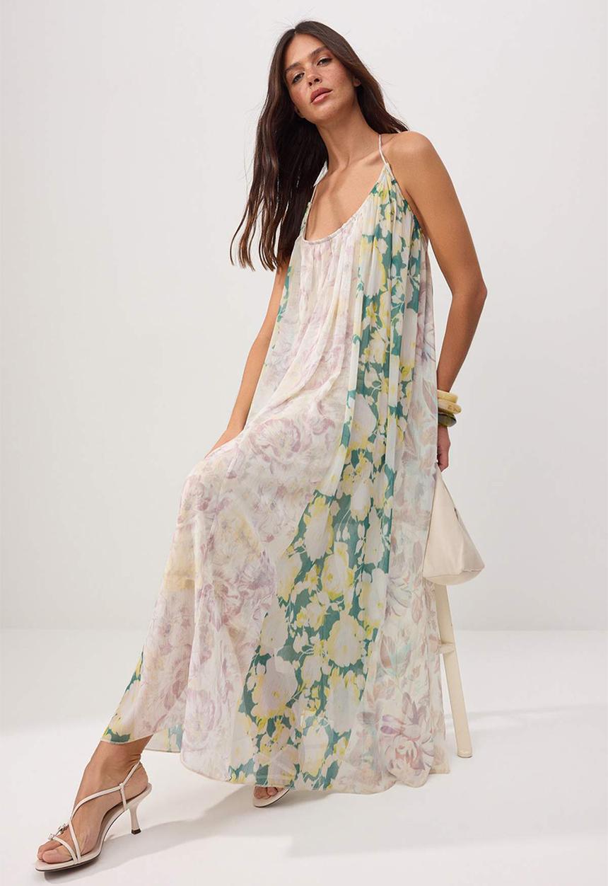 Trendyol - Floral Polo Collar Chiffon Maxi Dress - Multicolour