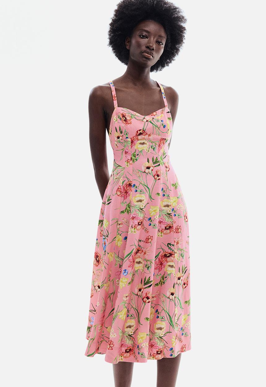 H&M - Flared linen-blend dress - light pink/floral
