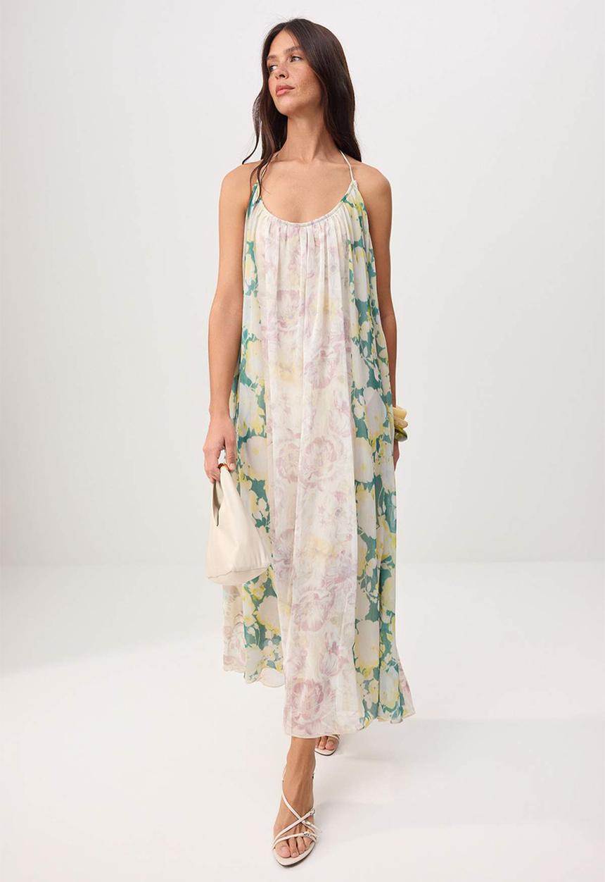 Trendyol - Floral Polo Collar Chiffon Maxi Dress - Multicolour