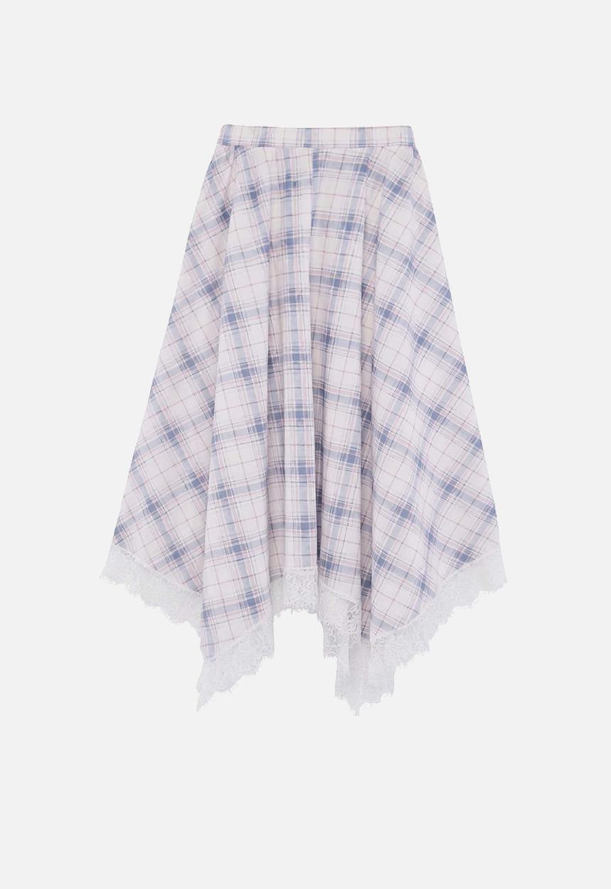 Trendyol - Plaid Lace Detail Asymmetric Skirt - White & Blue