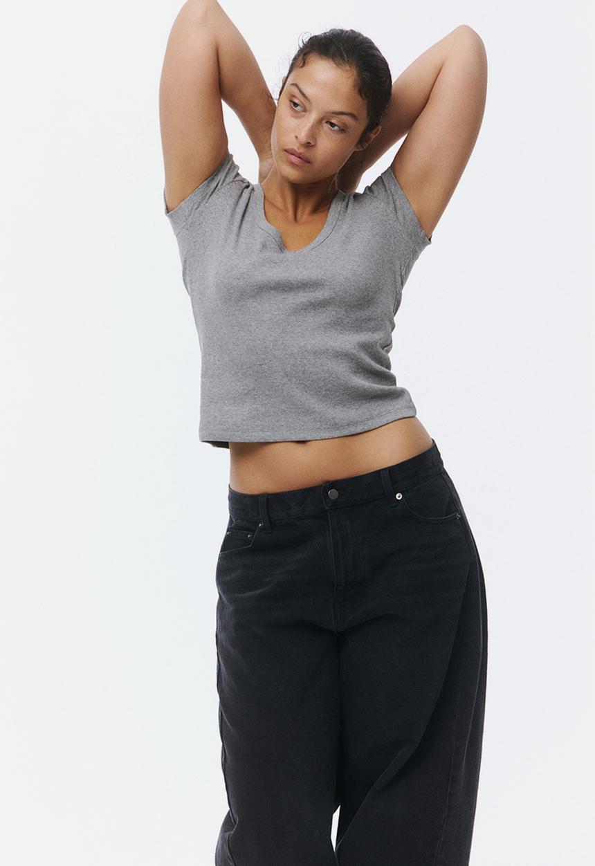 H&M - Ribbed scoop-neck t-shirt - grey marl