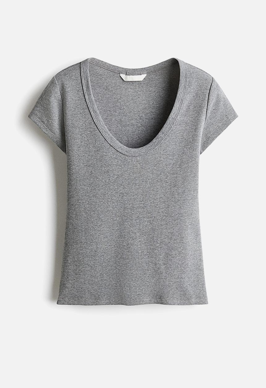 H&M - Ribbed scoop-neck t-shirt - grey marl