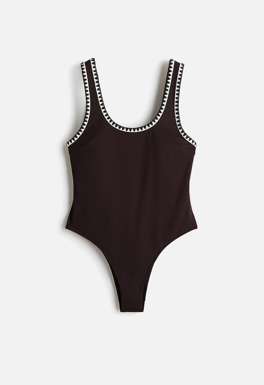H&M - Padded-cup high-leg swimsuit - dark brown