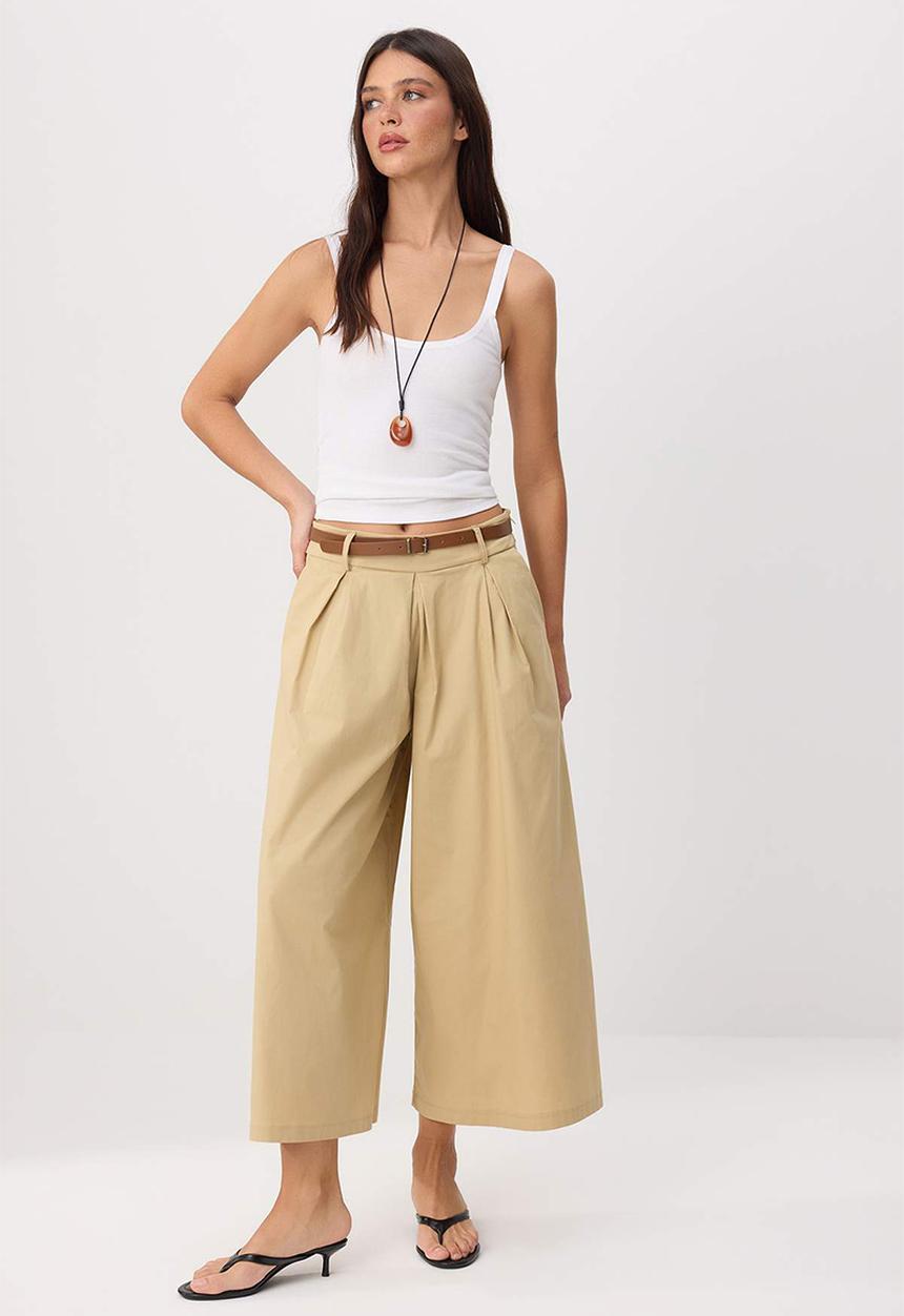 Trendyol - Belted Paper-Touch Skirt-Look Trousers - Beige
