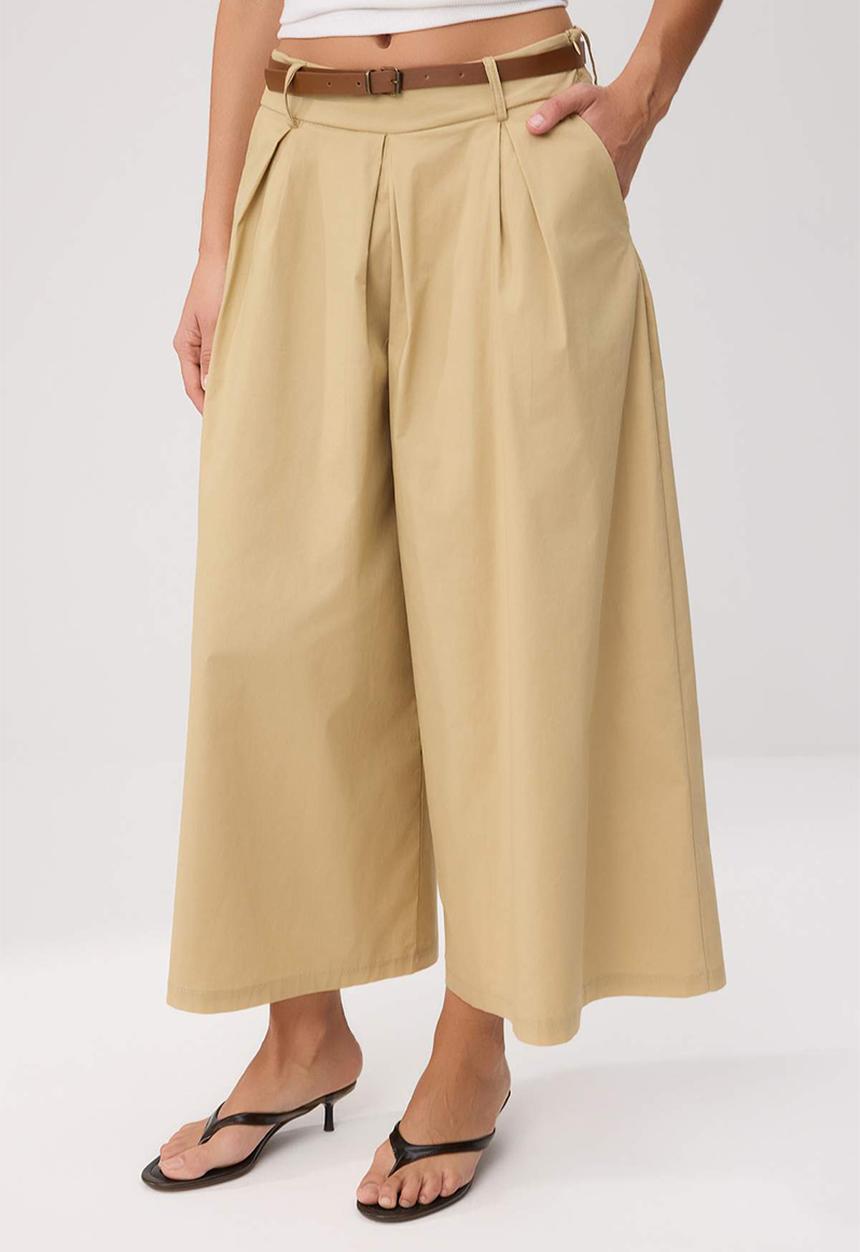 Trendyol - Belted Paper-Touch Skirt-Look Trousers - Beige