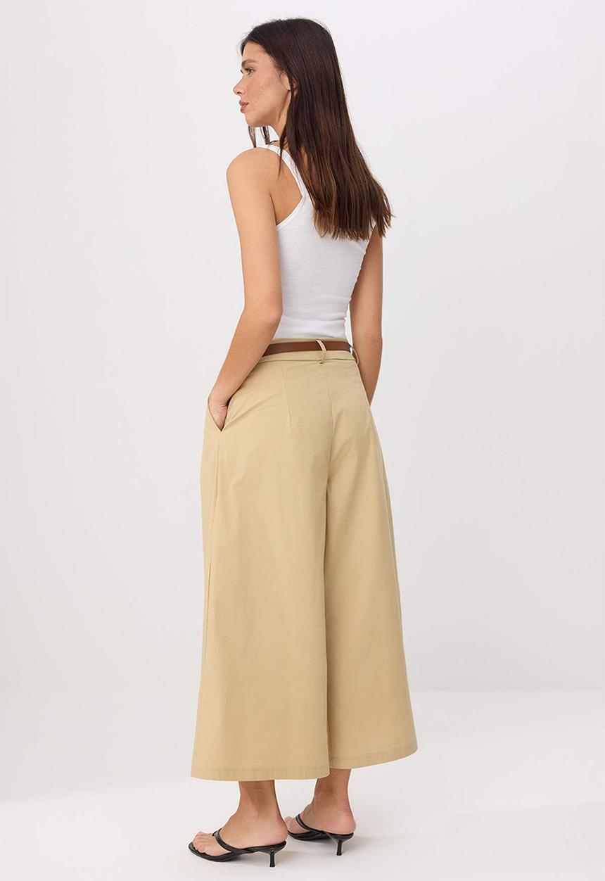 Trendyol - Belted Paper-Touch Skirt-Look Trousers - Beige