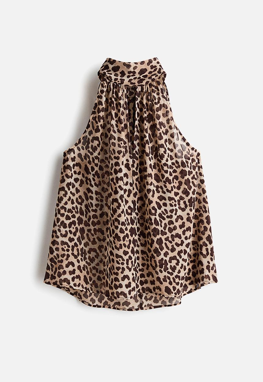 H&M - Scarf-collar chiffon top - light beige/leopard print