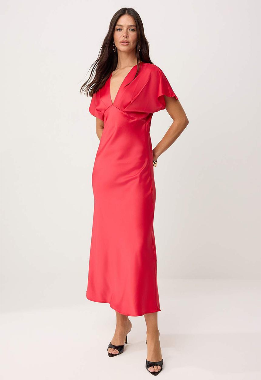 Trendyol - V-Neck Satin Maxi Dress - Red
