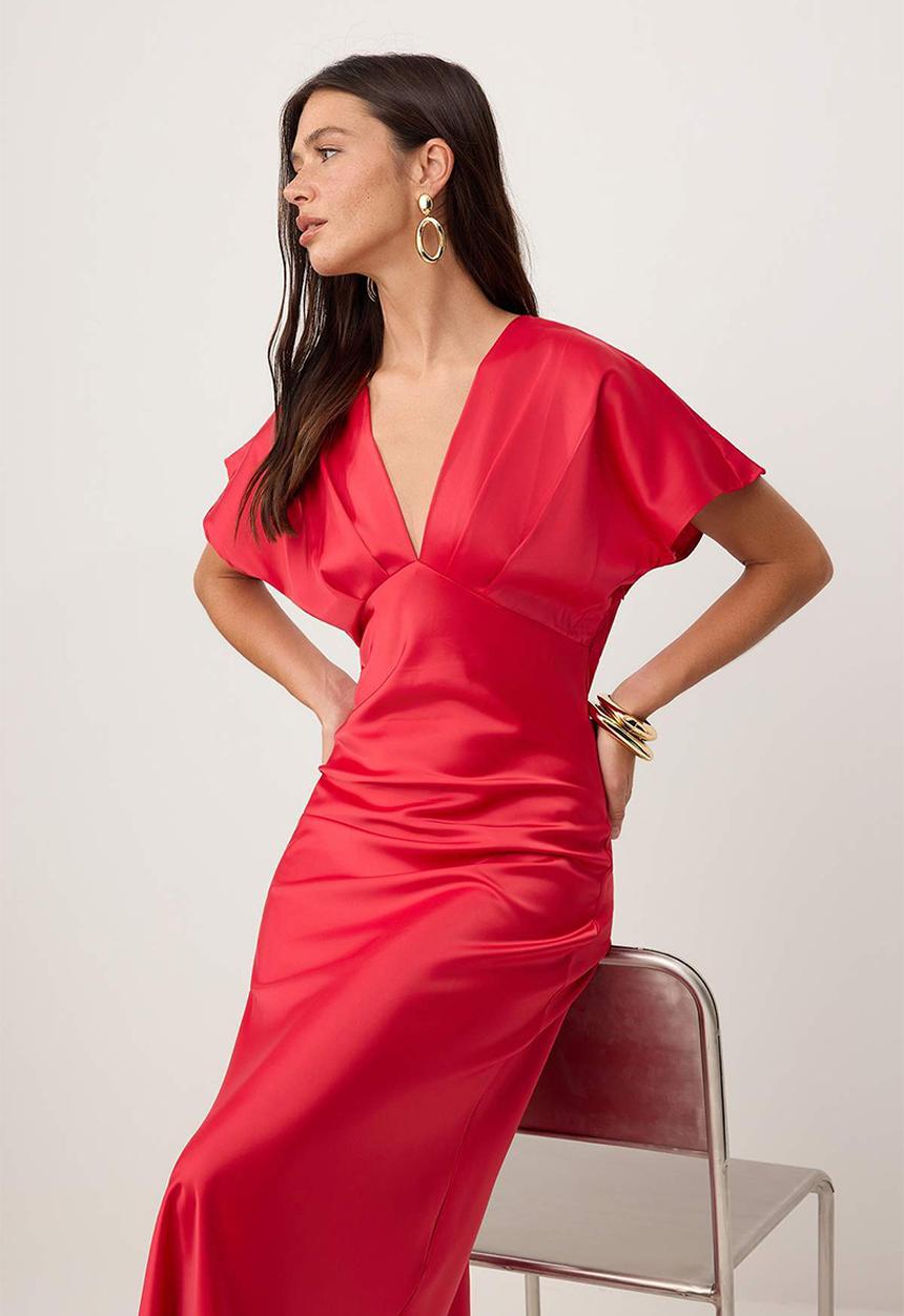 Trendyol - V-Neck Satin Maxi Dress - Red