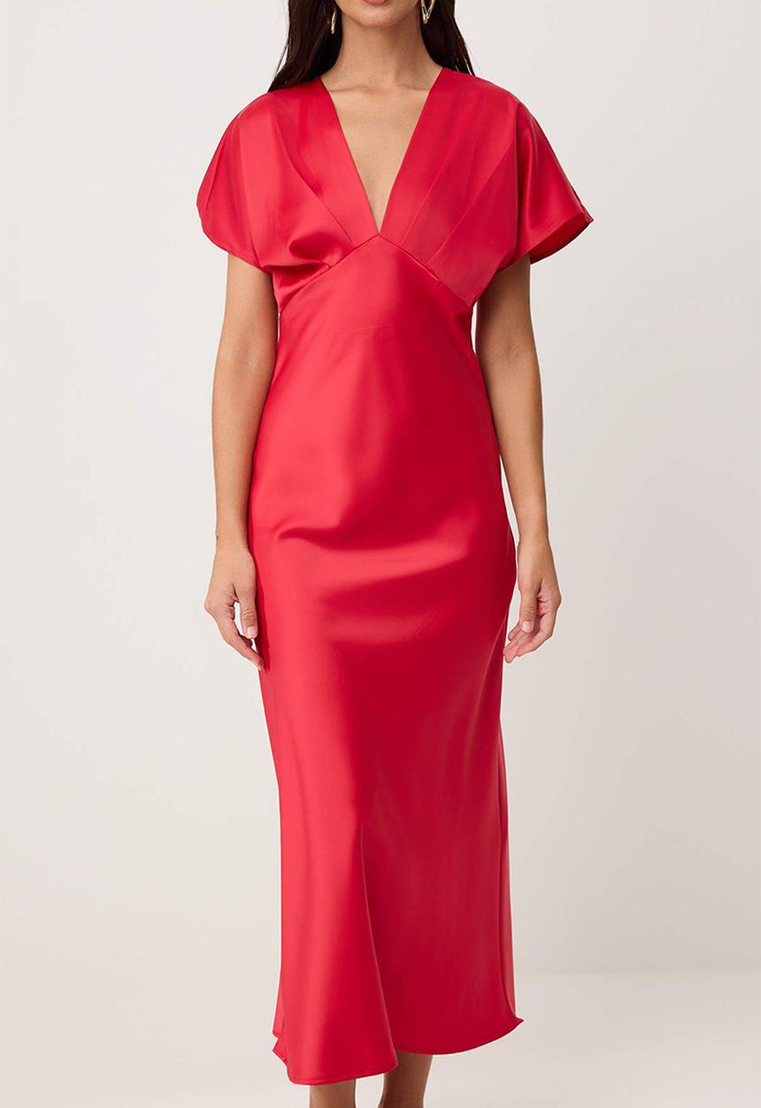 Trendyol - V-Neck Satin Maxi Dress - Red