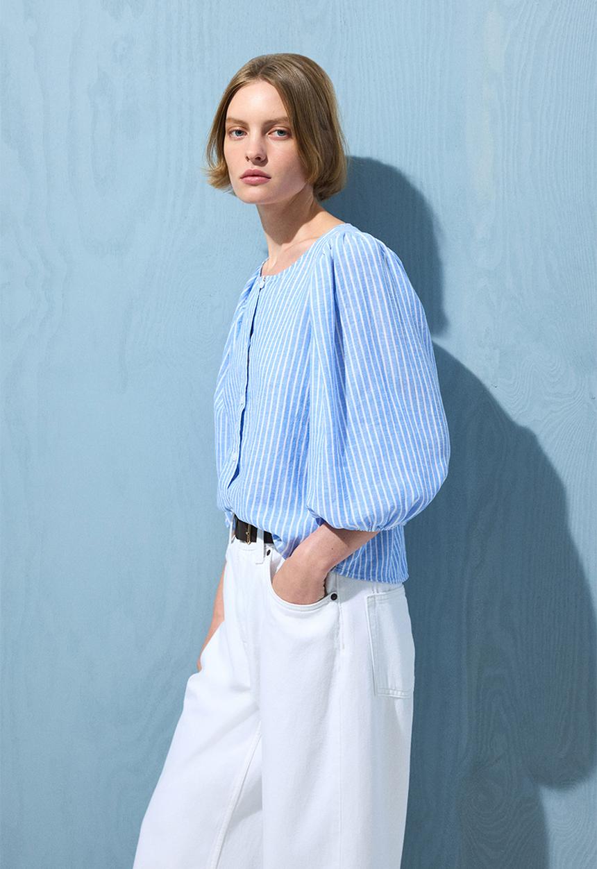 H&M - Linen-blend blouse - light blue/white striped