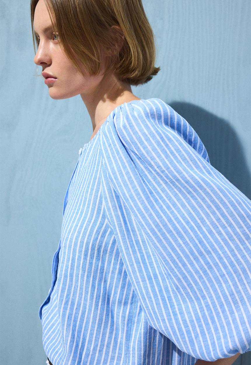 H&M - Linen-blend blouse - light blue/white striped