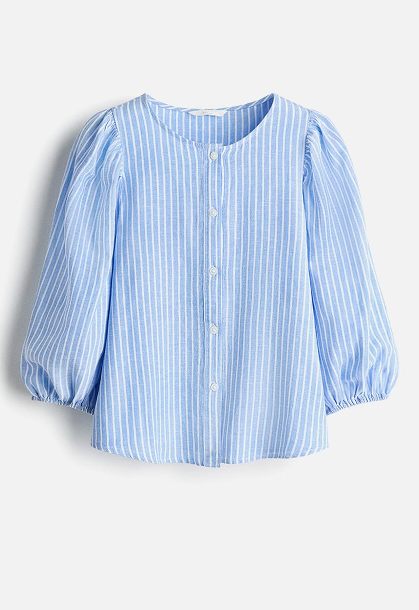 H&M - Linen-blend blouse - light blue/white striped