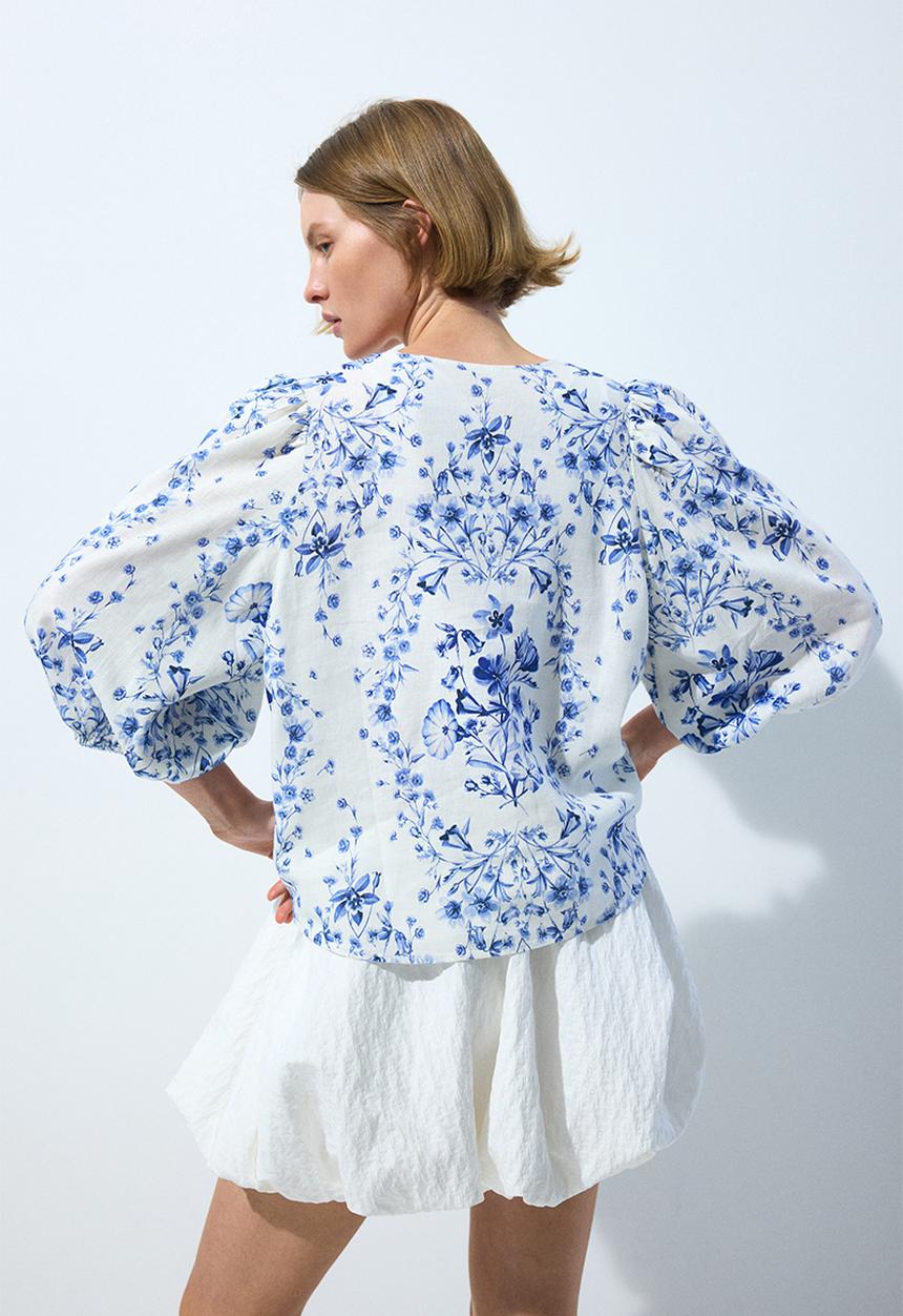 H&M - Linen-blend blouse - medium blue/floral
