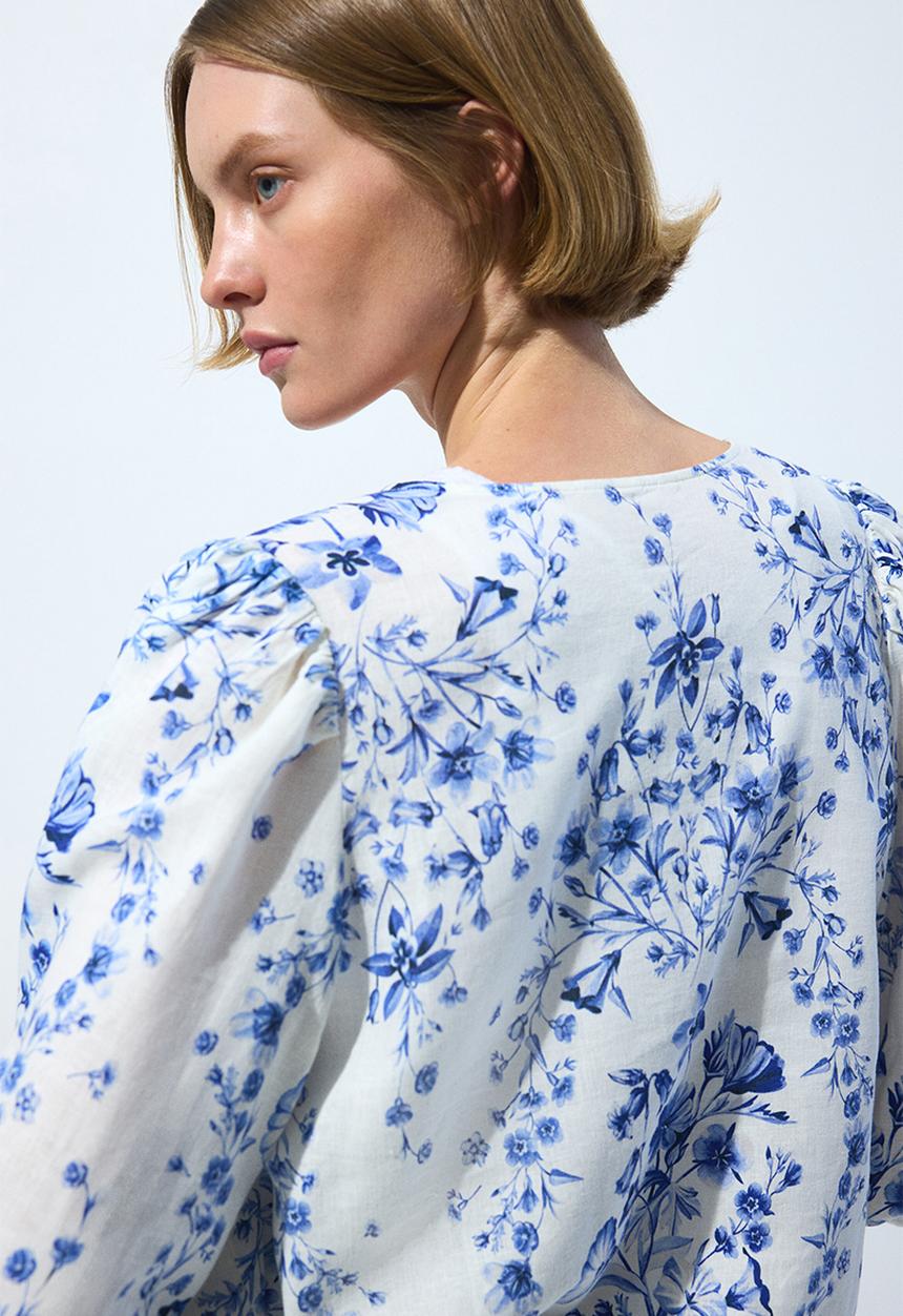 H&M - Linen-blend blouse - medium blue/floral