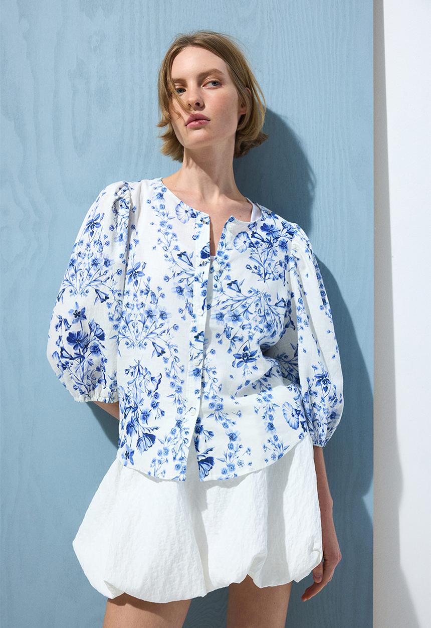 H&M - Linen-blend blouse - medium blue/floral