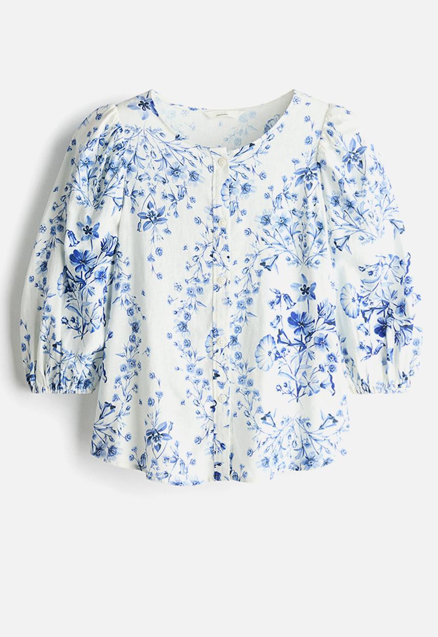 H&M - Linen-blend blouse - medium blue/floral