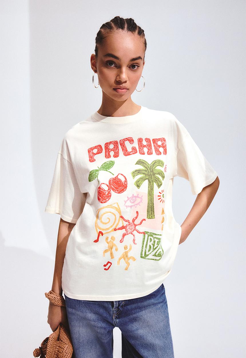 H&M - Oversized print-motif t-shirt - cream/pacha