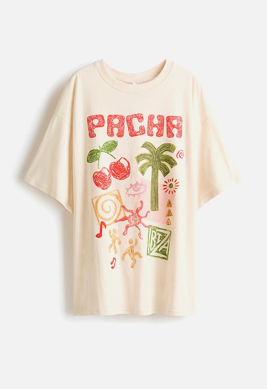 H&M - Oversized print-motif t-shirt - cream/pacha