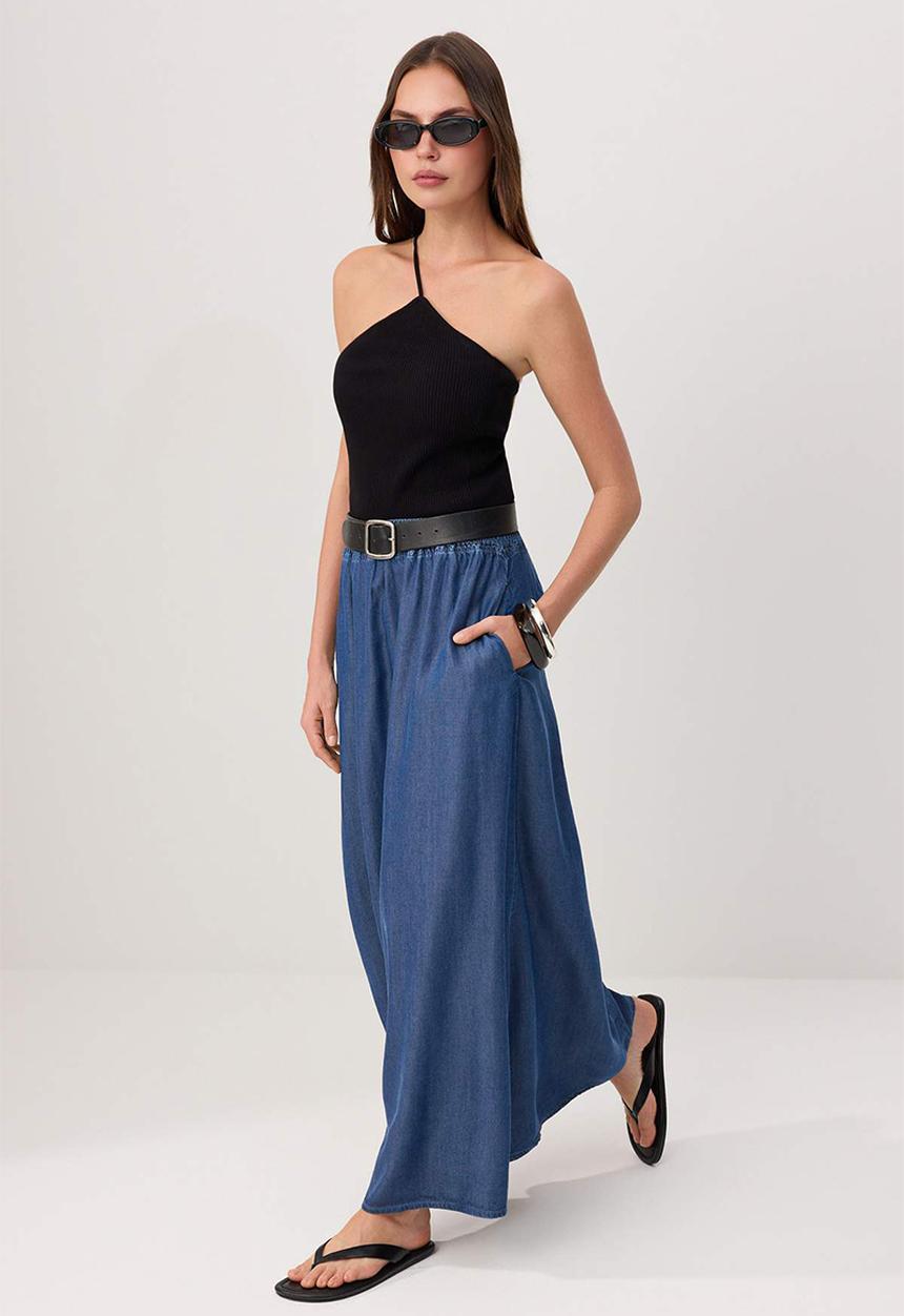 Trendyol - Draped Tencel Maxi Denim Skirt - Blue