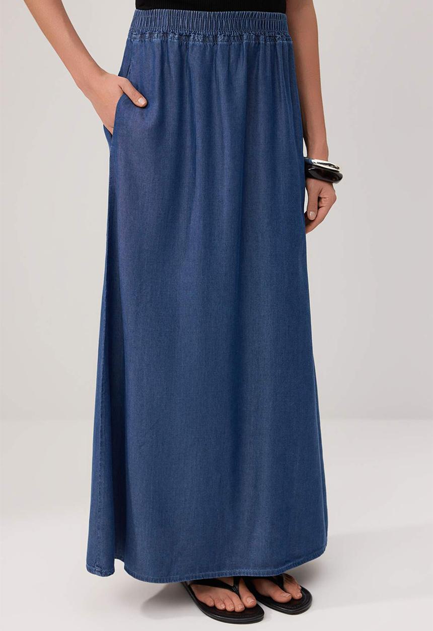 Trendyol - Draped Tencel Maxi Denim Skirt - Blue