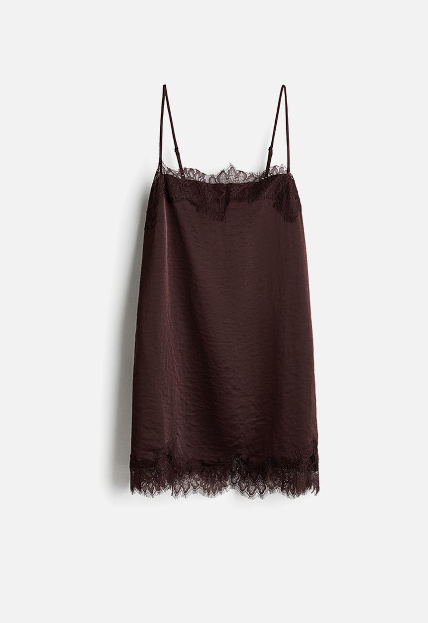 H&M - Lace-trimmed slip dress - dark brown