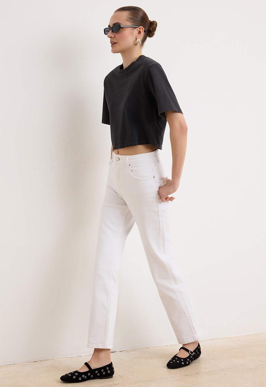 Trendyol - High-Waist Stretch Straight-Leg Jeans - Ecru
