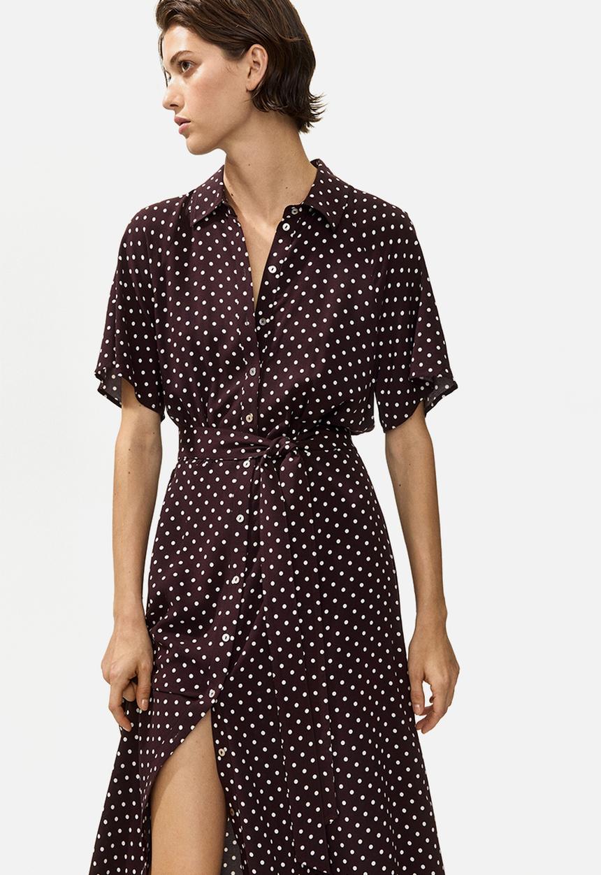 H&M - Tie-belt shirt dress - dark brown/polka dot