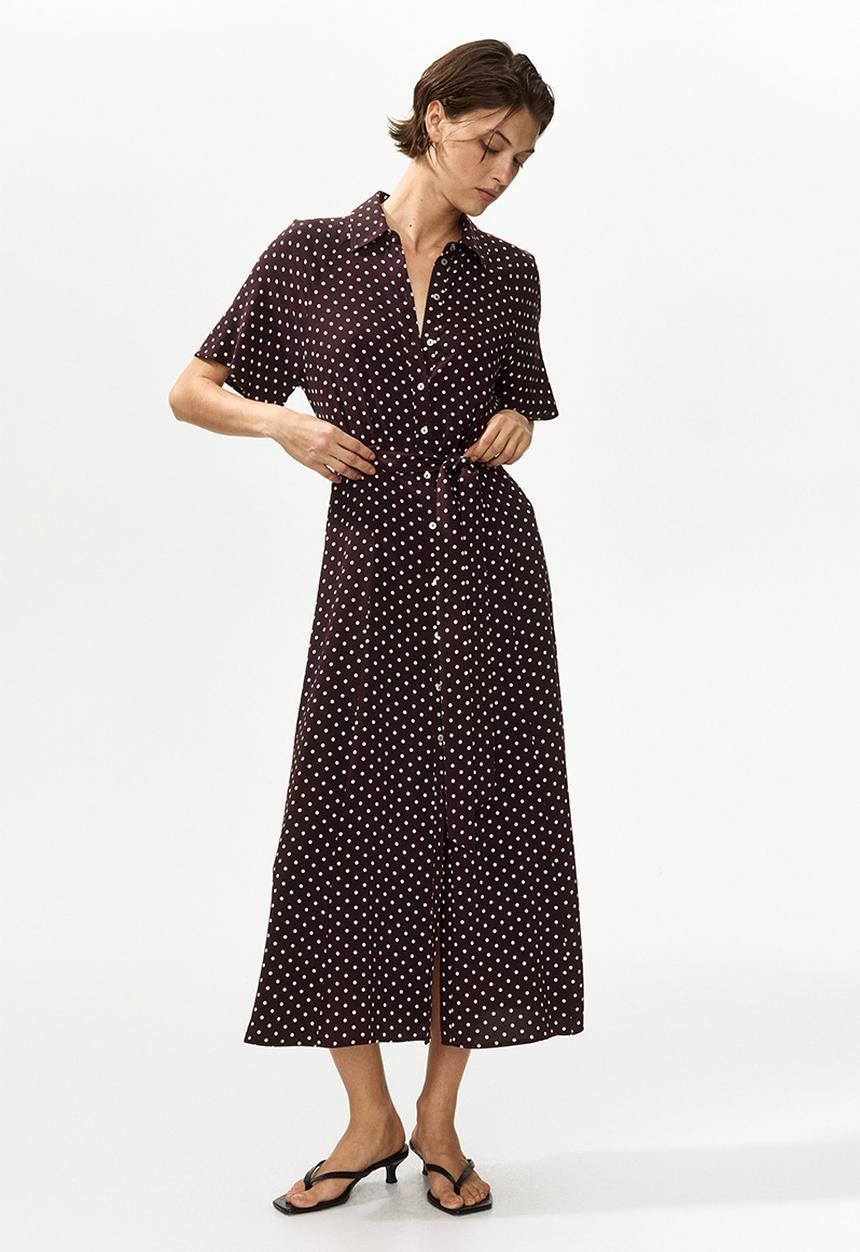 H&M - Tie-belt shirt dress - dark brown/polka dot