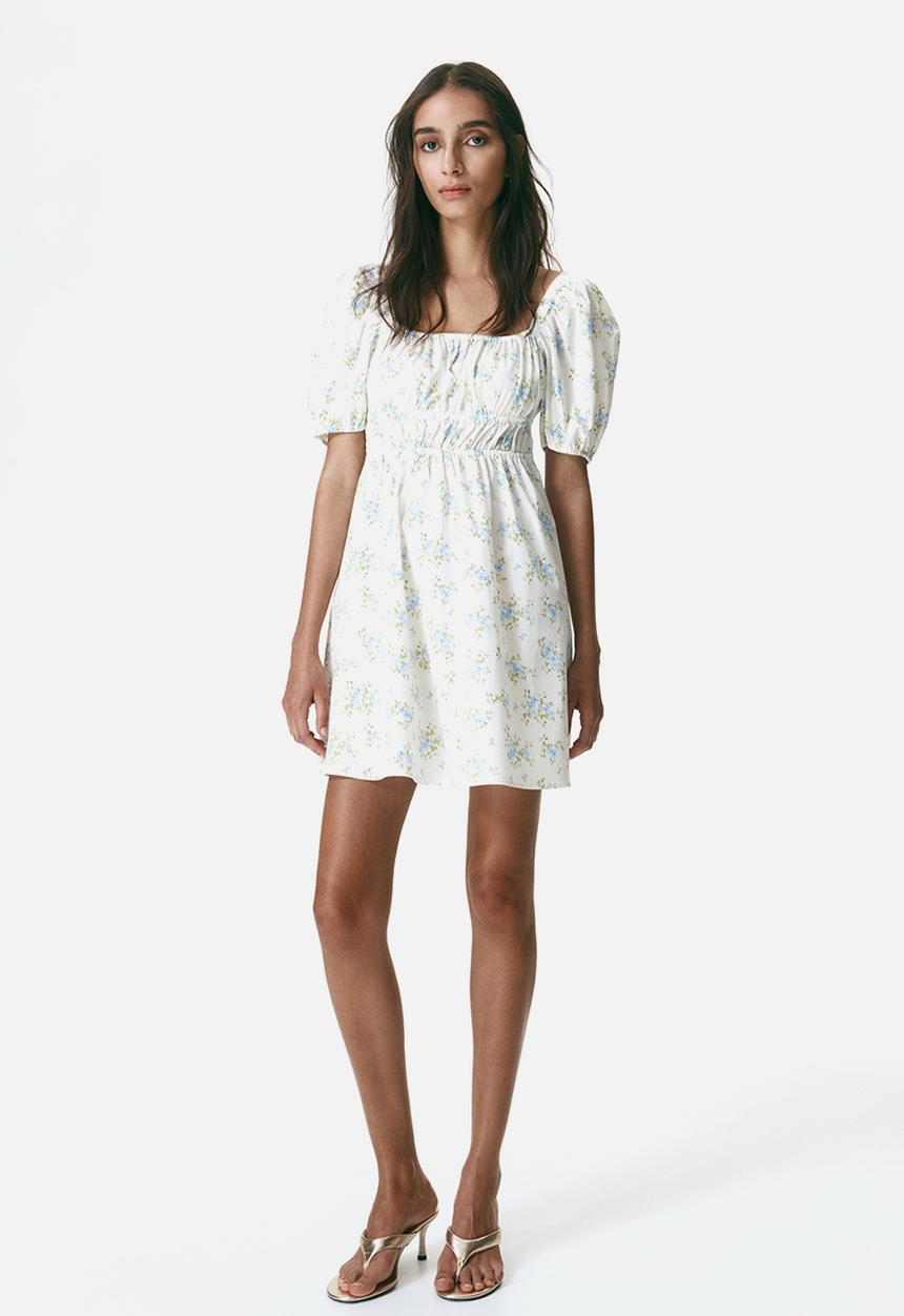 H&M - Puff-sleeved poplin dress - cream/floral