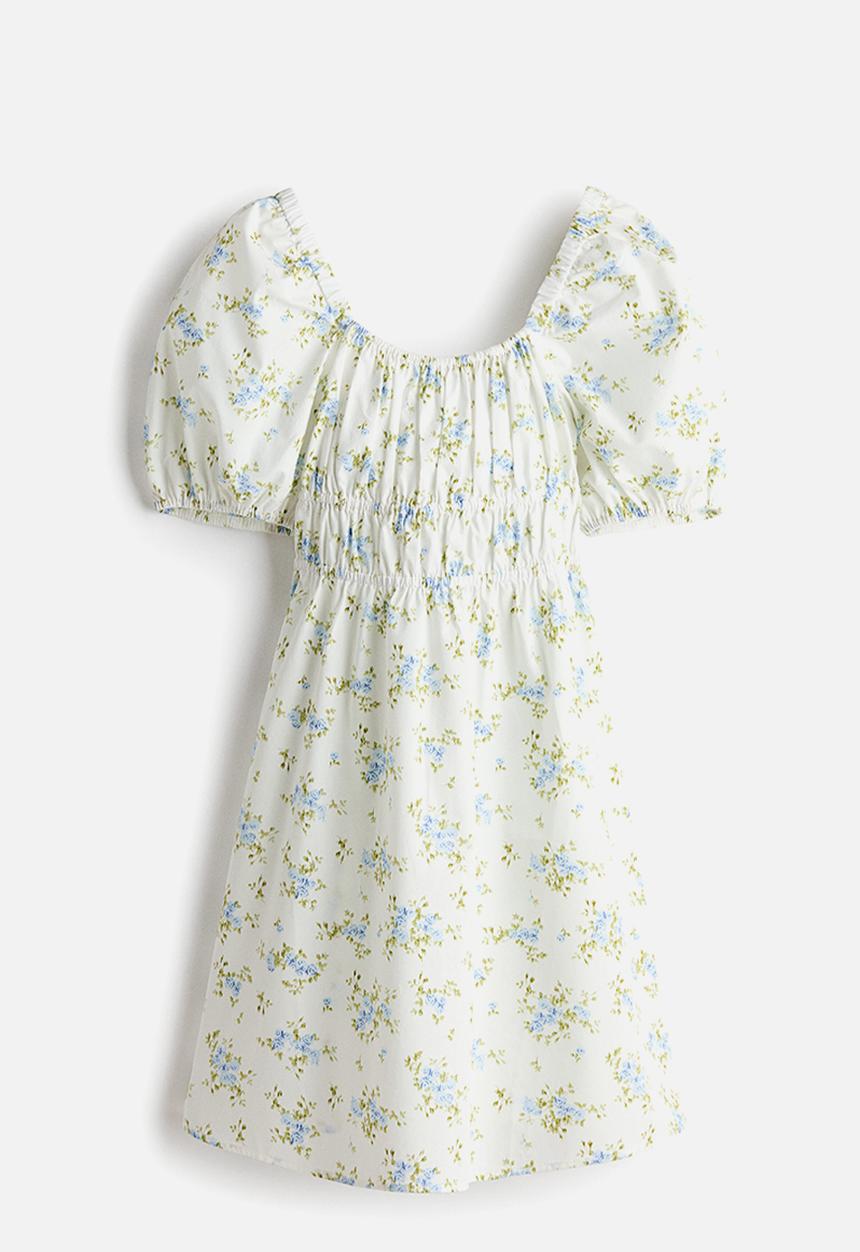 H&M - Puff-sleeved poplin dress - cream/floral