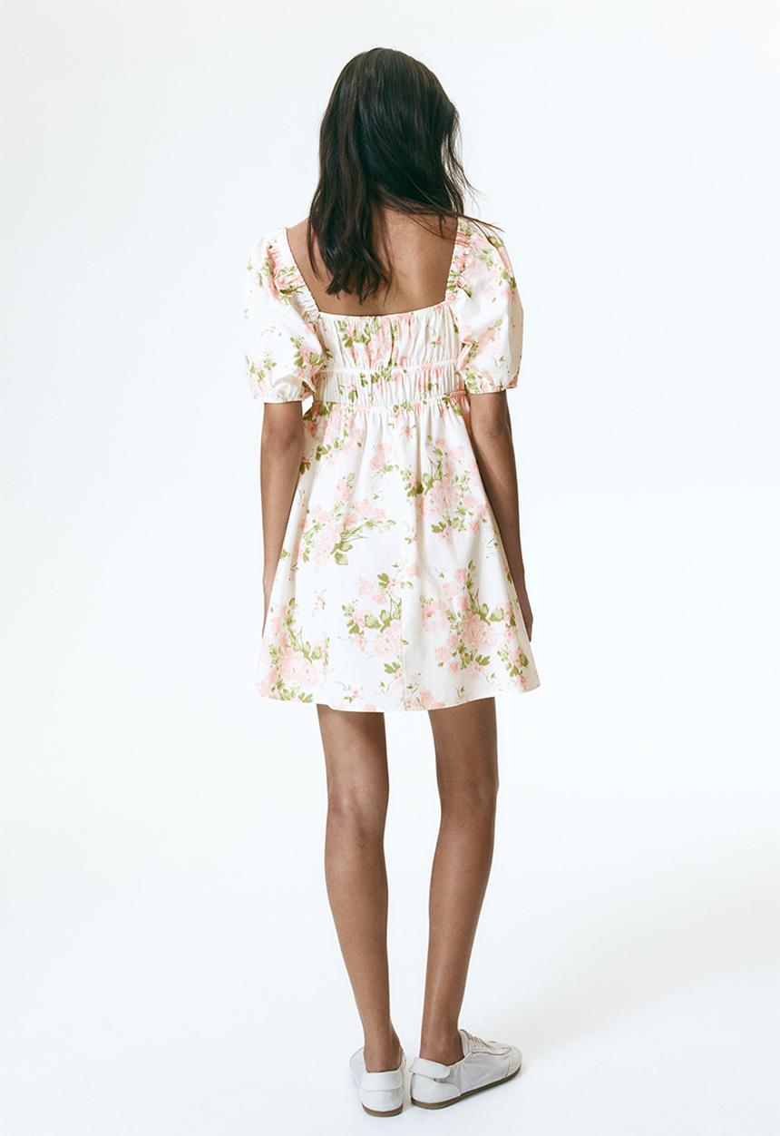 H&M - Puff-sleeved poplin dress - cream/pink floral