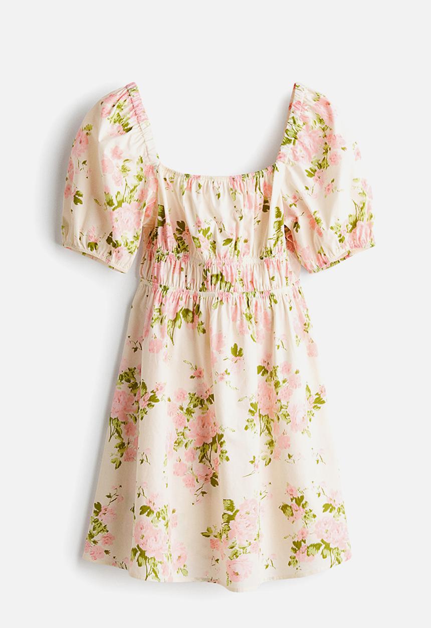 H&M - Puff-sleeved poplin dress - cream/pink floral