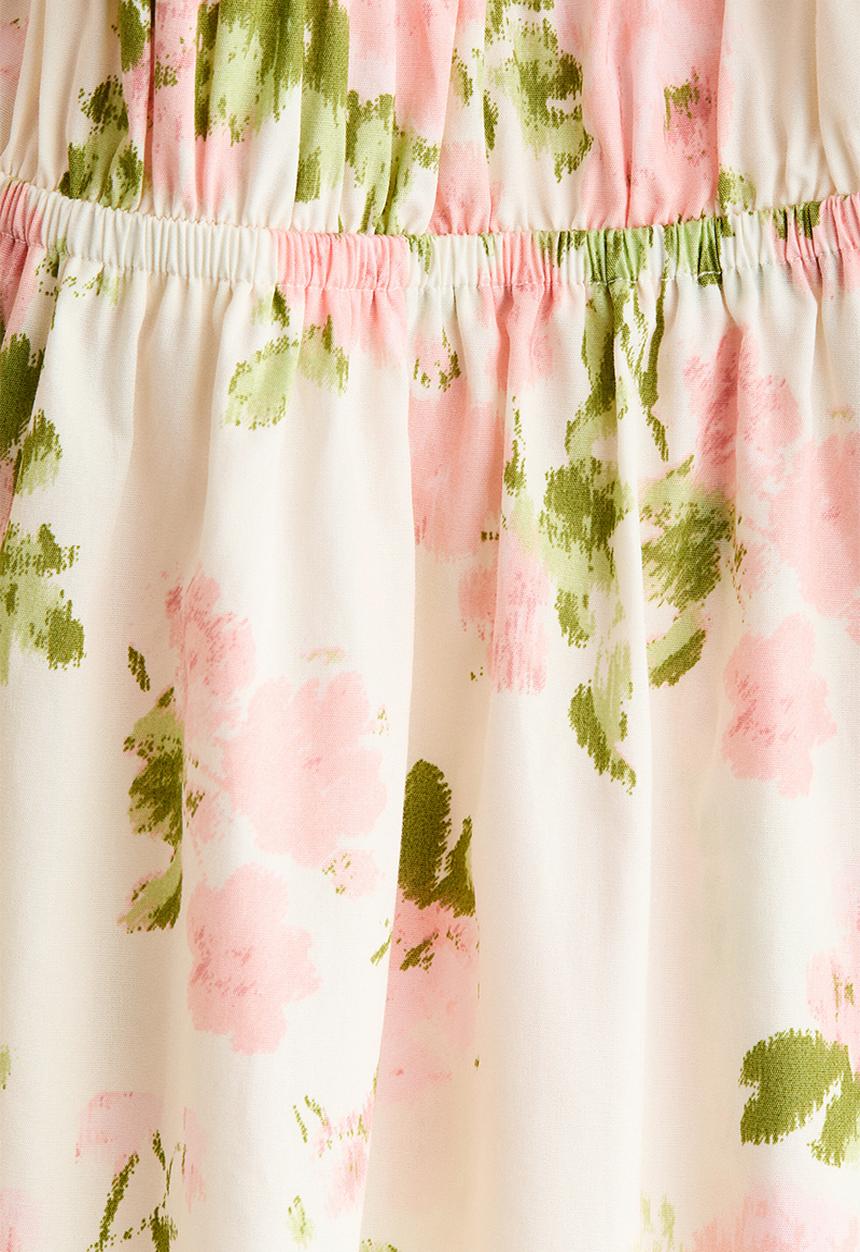 H&M - Puff-sleeved poplin dress - cream/pink floral