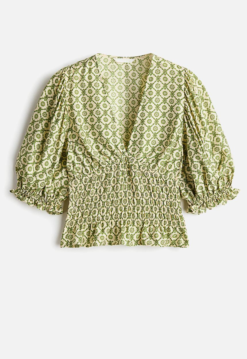 H&M - Smocked-waist blouse - green/patterned