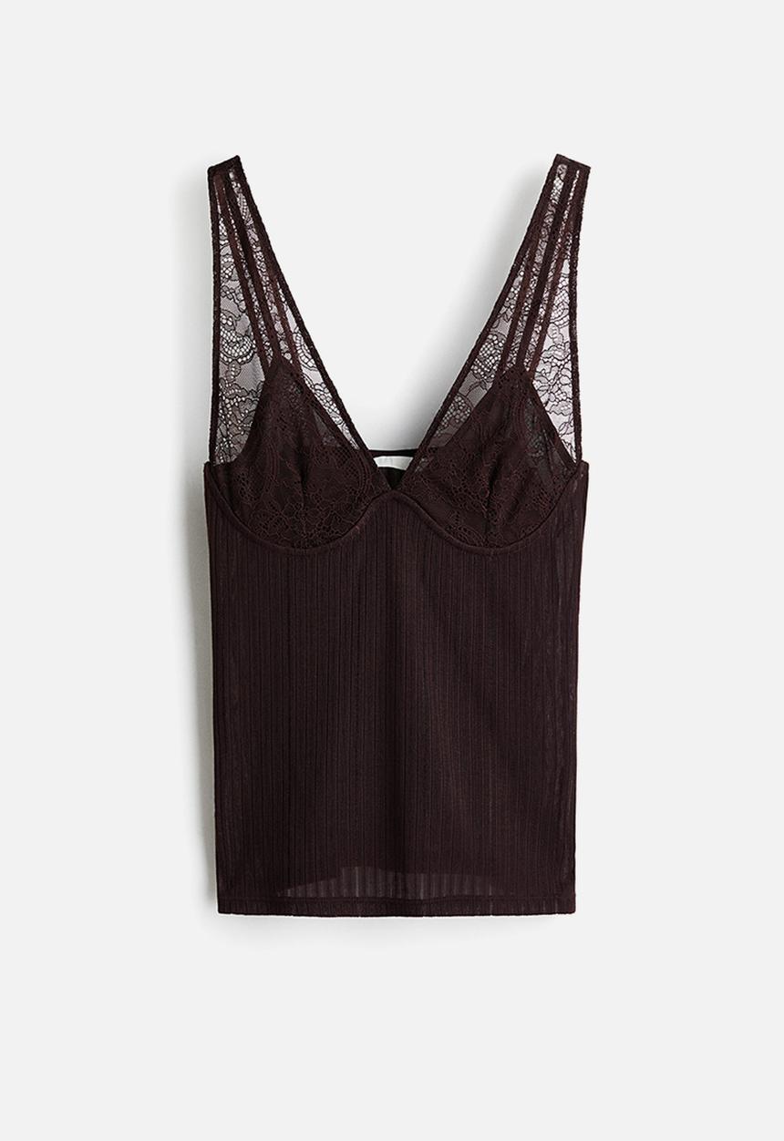 H&M - Lace-detail rib-knit top - dark brown