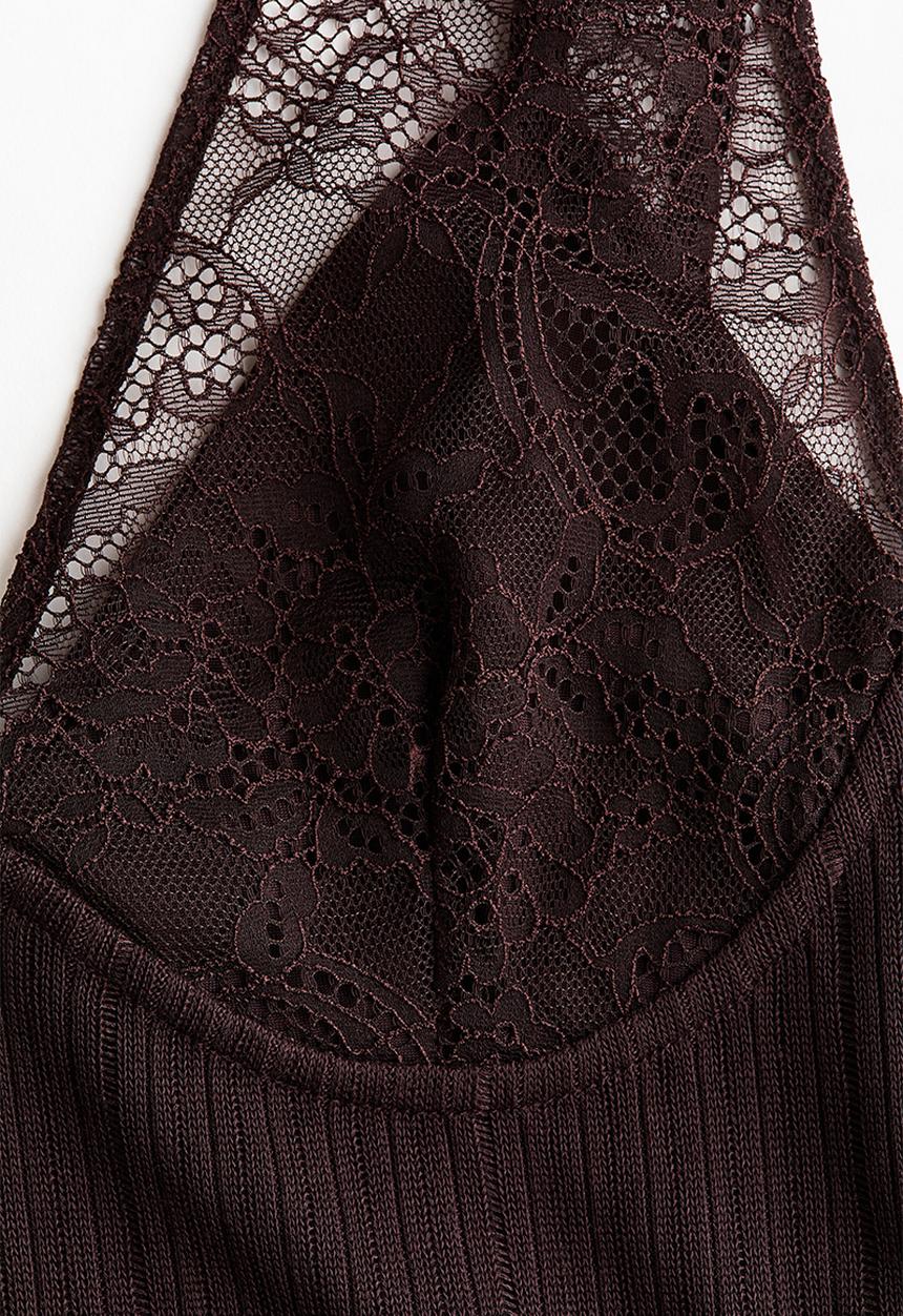 H&M - Lace-detail rib-knit top - dark brown