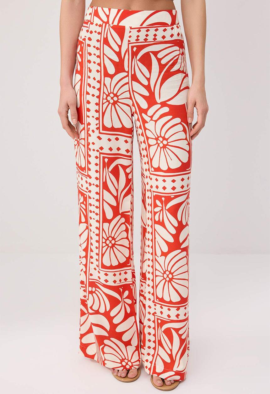 Trendyol - Patterned Viscose Wide-Leg Trousers with Elasticated Waist - Red-Multicolour