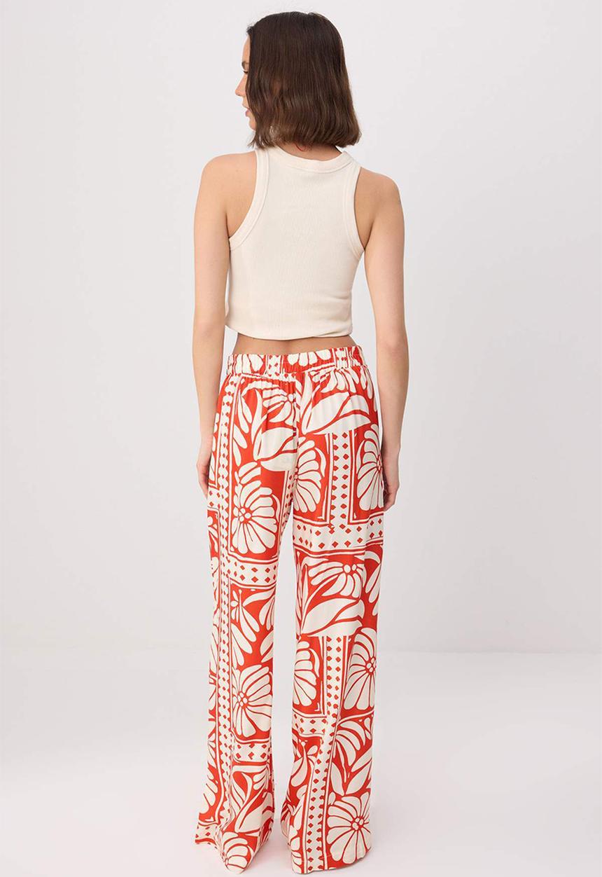 Trendyol - Patterned Viscose Wide-Leg Trousers with Elasticated Waist - Red-Multicolour