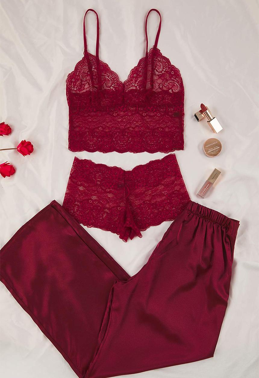 Trendyol - 3-piece dowry pajama set - burgundy