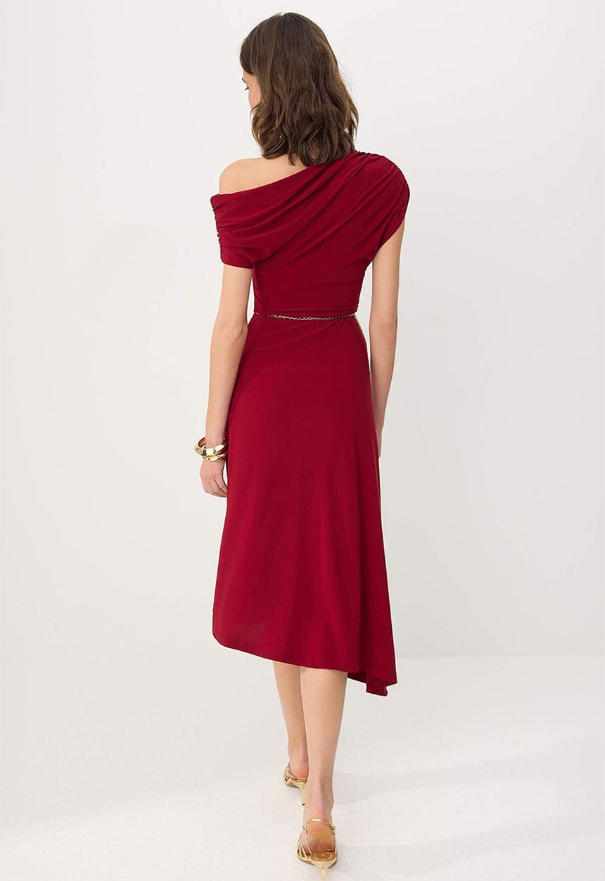Trendyol - Off-Shoulder Party Dress with Chain Belt - Burgundy