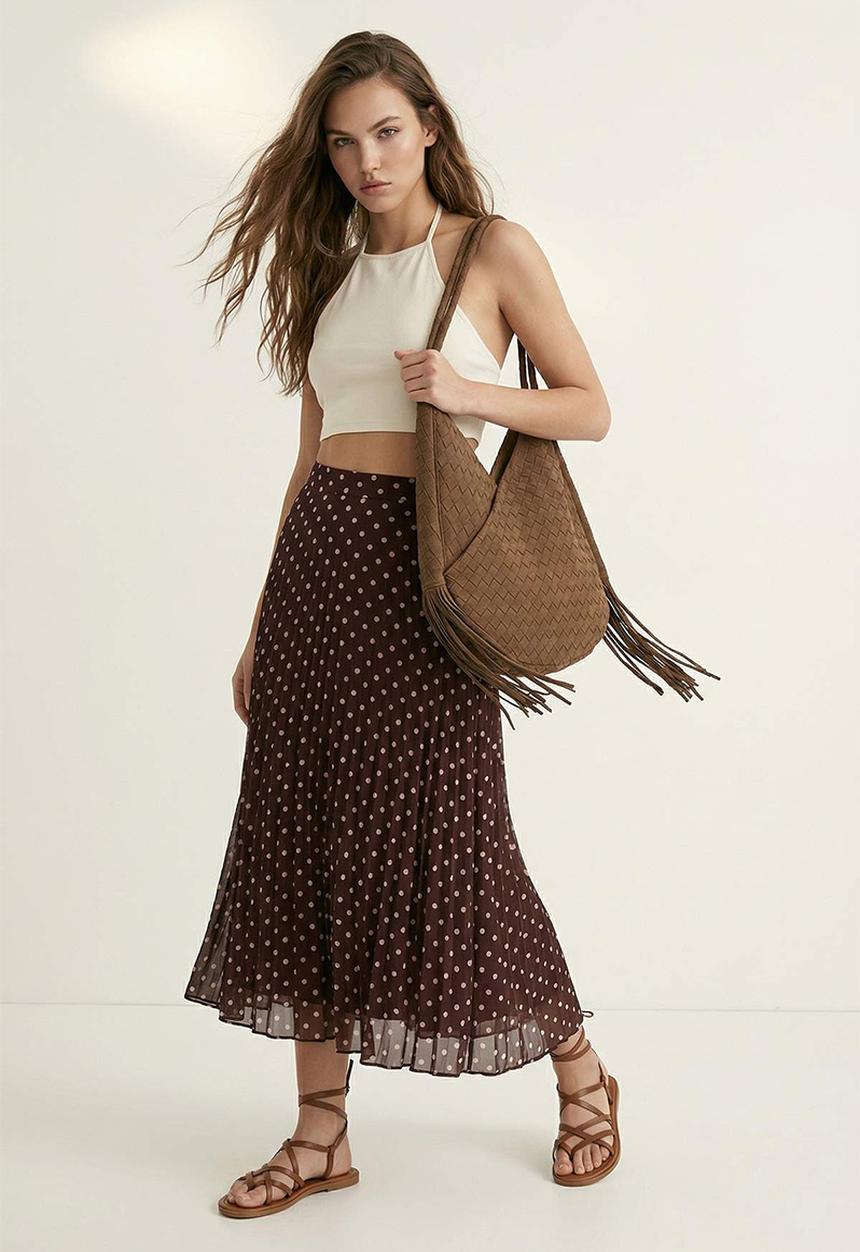 Trendyol - Polka Dot Pleated Chiffon Midi Skirt - Brown