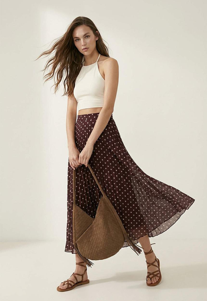 Trendyol - Polka Dot Pleated Chiffon Midi Skirt - Brown