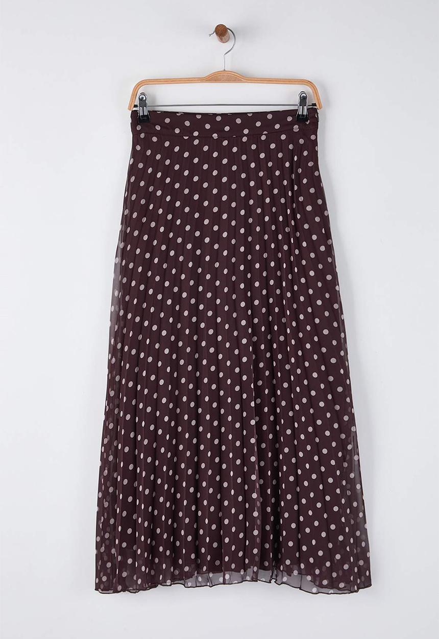 Trendyol - Polka Dot Pleated Chiffon Midi Skirt - Brown