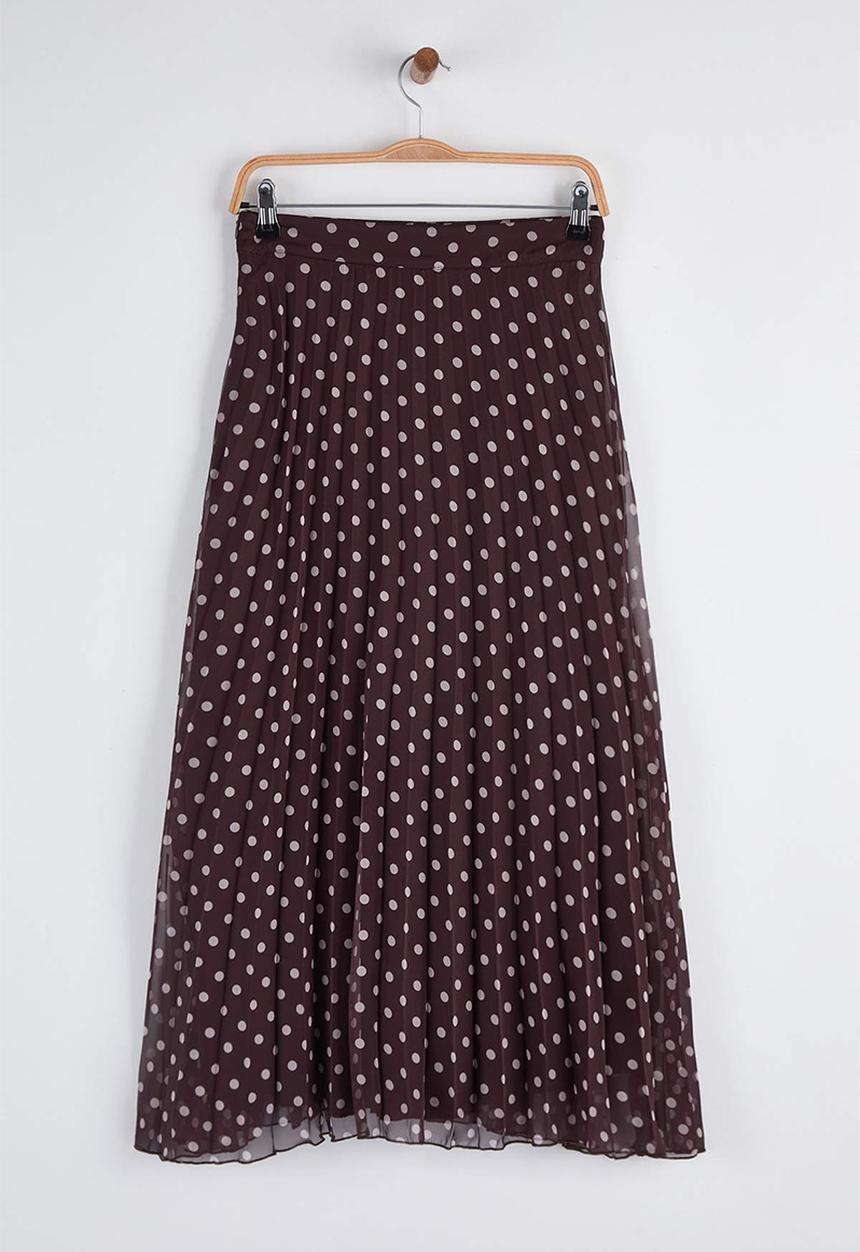 Trendyol - Polka Dot Pleated Chiffon Midi Skirt - Brown