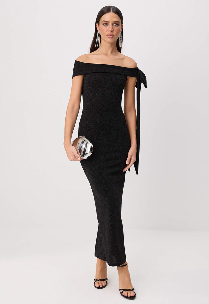 Trendyol - Glitter Shoulder Lace Detail Bodycon Evening Dress - Black