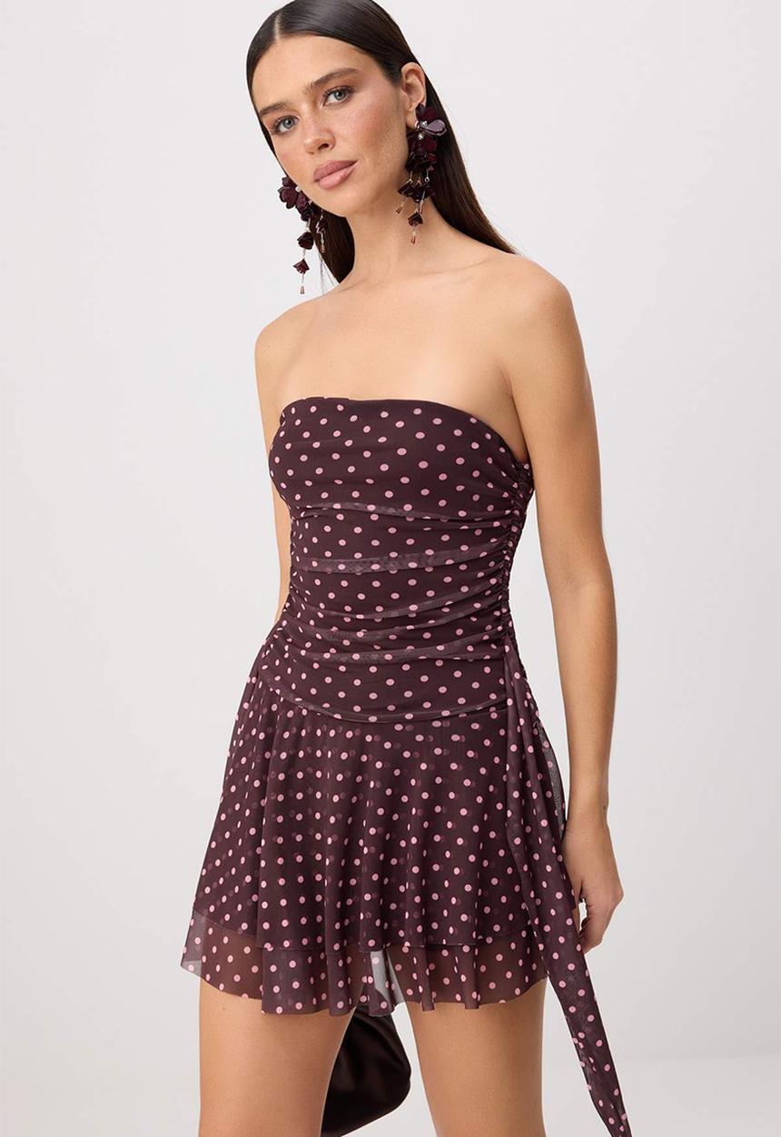 Trendyol - Polka Dot Strapless Cut-Out Mini Party Dress - Brown