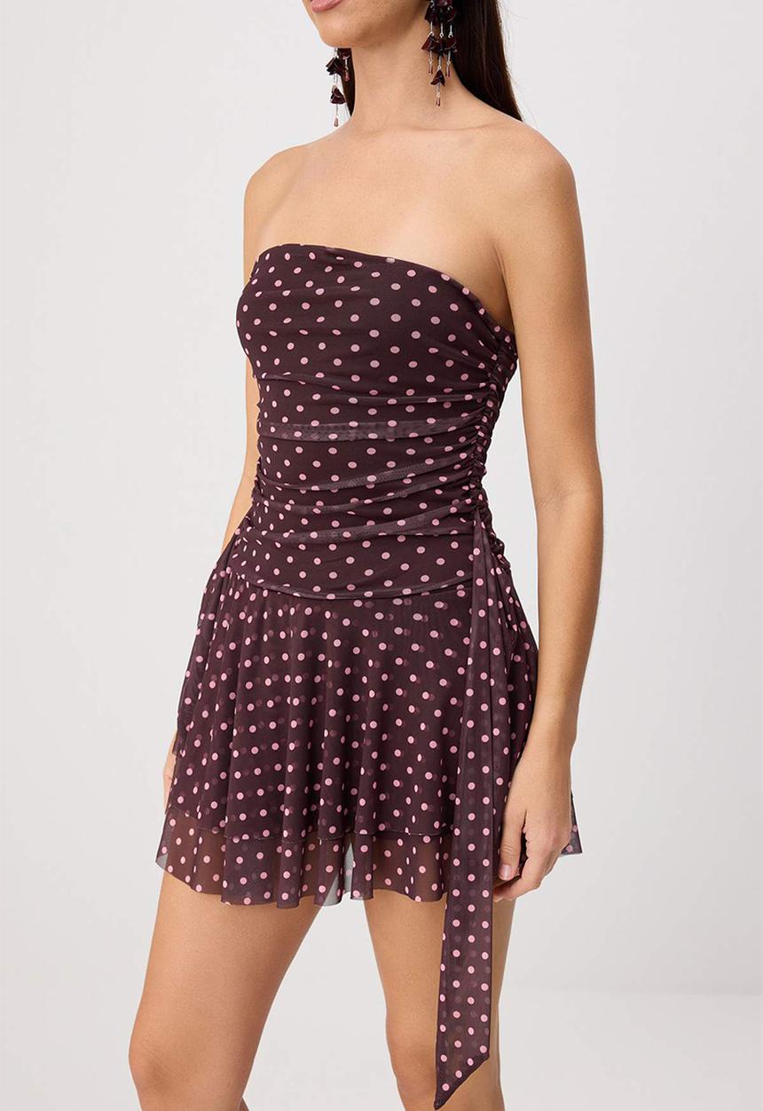 Trendyol - Polka Dot Strapless Cut-Out Mini Party Dress - Brown