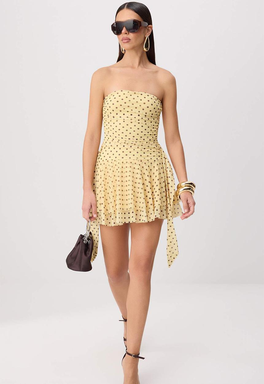 Trendyol - Polka Dot Strapless Cut-Out Mini Party Dress - Yellow