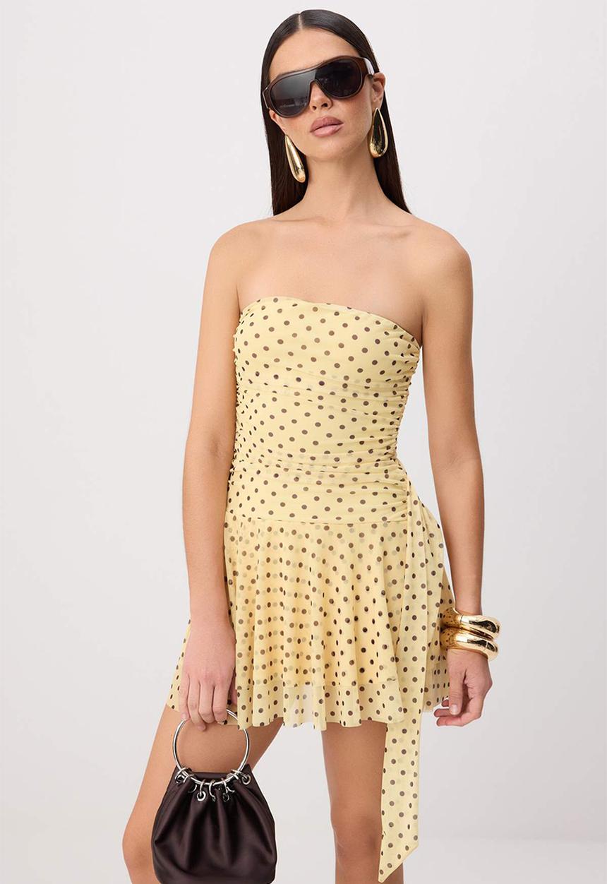 Trendyol - Polka Dot Strapless Cut-Out Mini Party Dress - Yellow